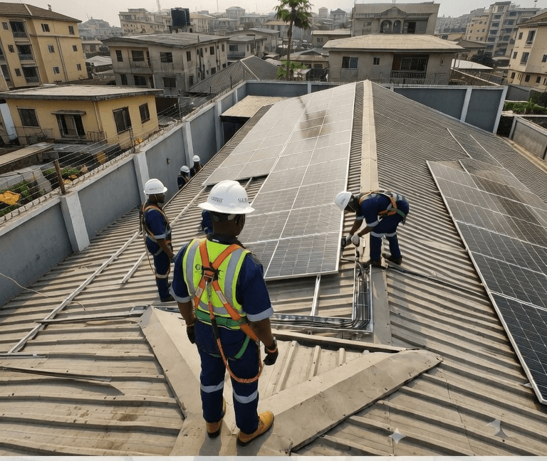 Solar installation training taking place on the roof of the institute